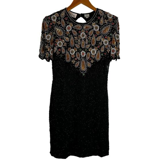 Laurence Kazar Short Sleeve Bodycon Beaded Black Mini Silk Dress Womens L Petite - Picture 1 of 16